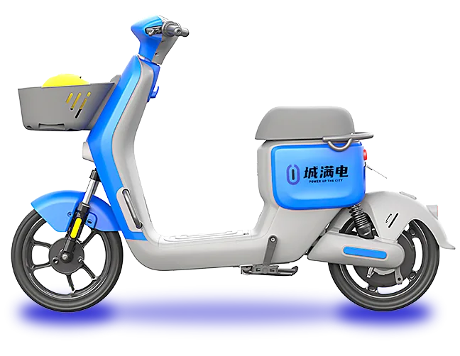 城满电租赁用的国标电动自行车整车，含前车筐、后座与脚踏